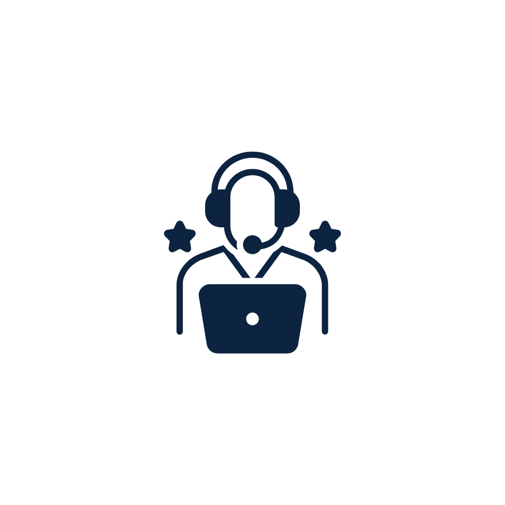 Icon of a customer support representative wearing a headset with stars on either side, on a black background.