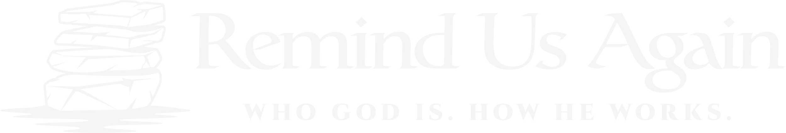 A white background with a faint gray illustration of stacked books and the text "Remind Us Again" in large gray letters. Smaller text underneath reads "Who God Is. How He Works."