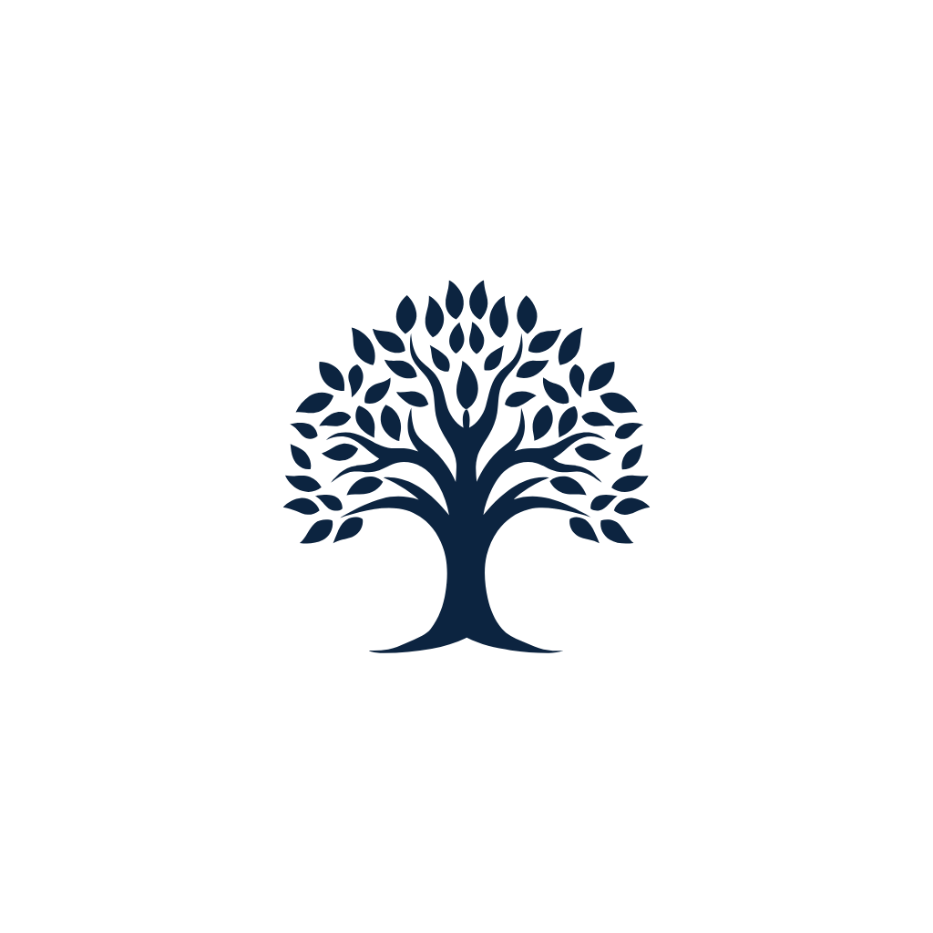 Design featuring a blue tree with stylized branches and leaves, centered on a black background.