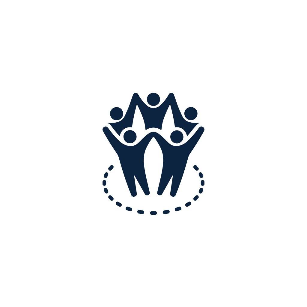 A dark blue logo of five stylized human figures holding hands in a circle, with dotted circle outlines around their feet, representing community and connection.