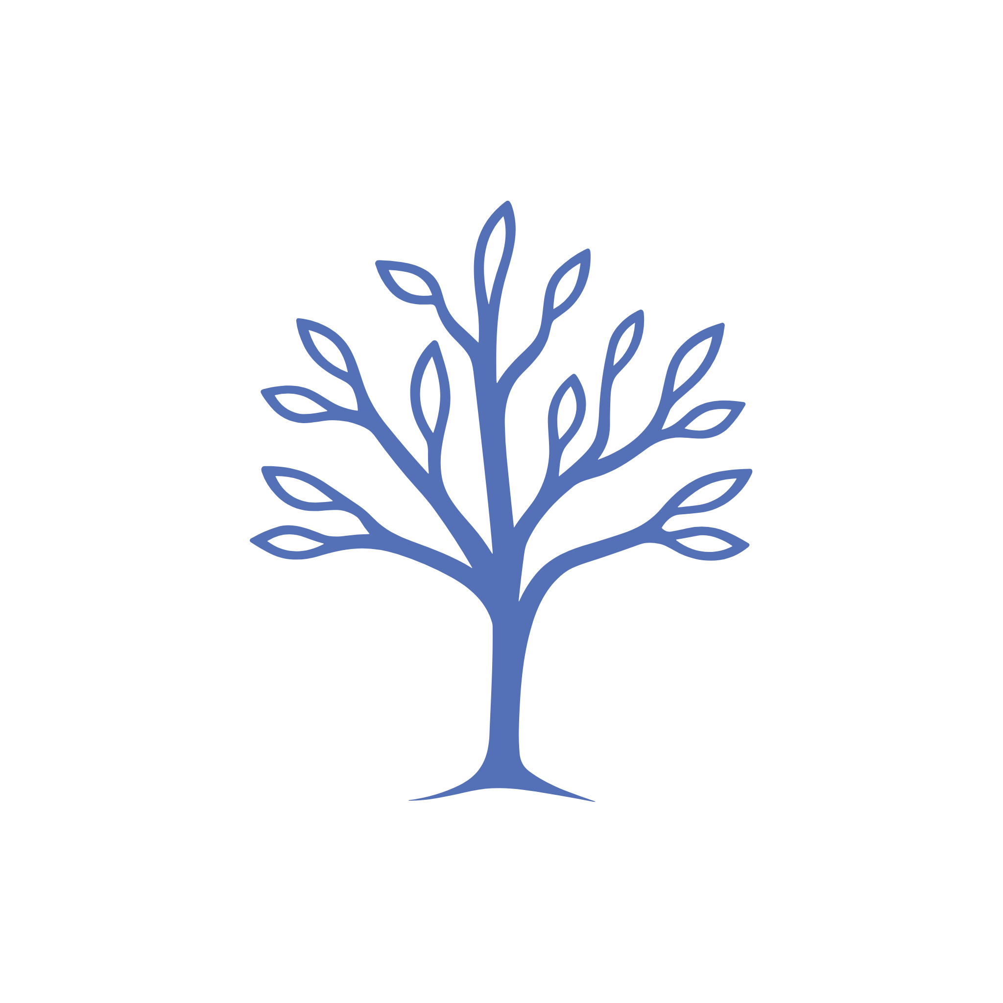 Design featuring a blue tree with stylized branches and leaves, centered on a black background.