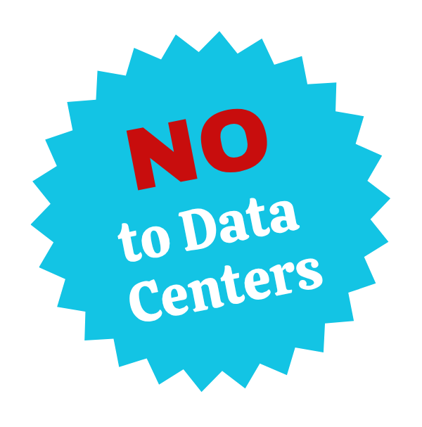 A blue starburst-shaped badge with the text "NO to Data Centers" in white and red.