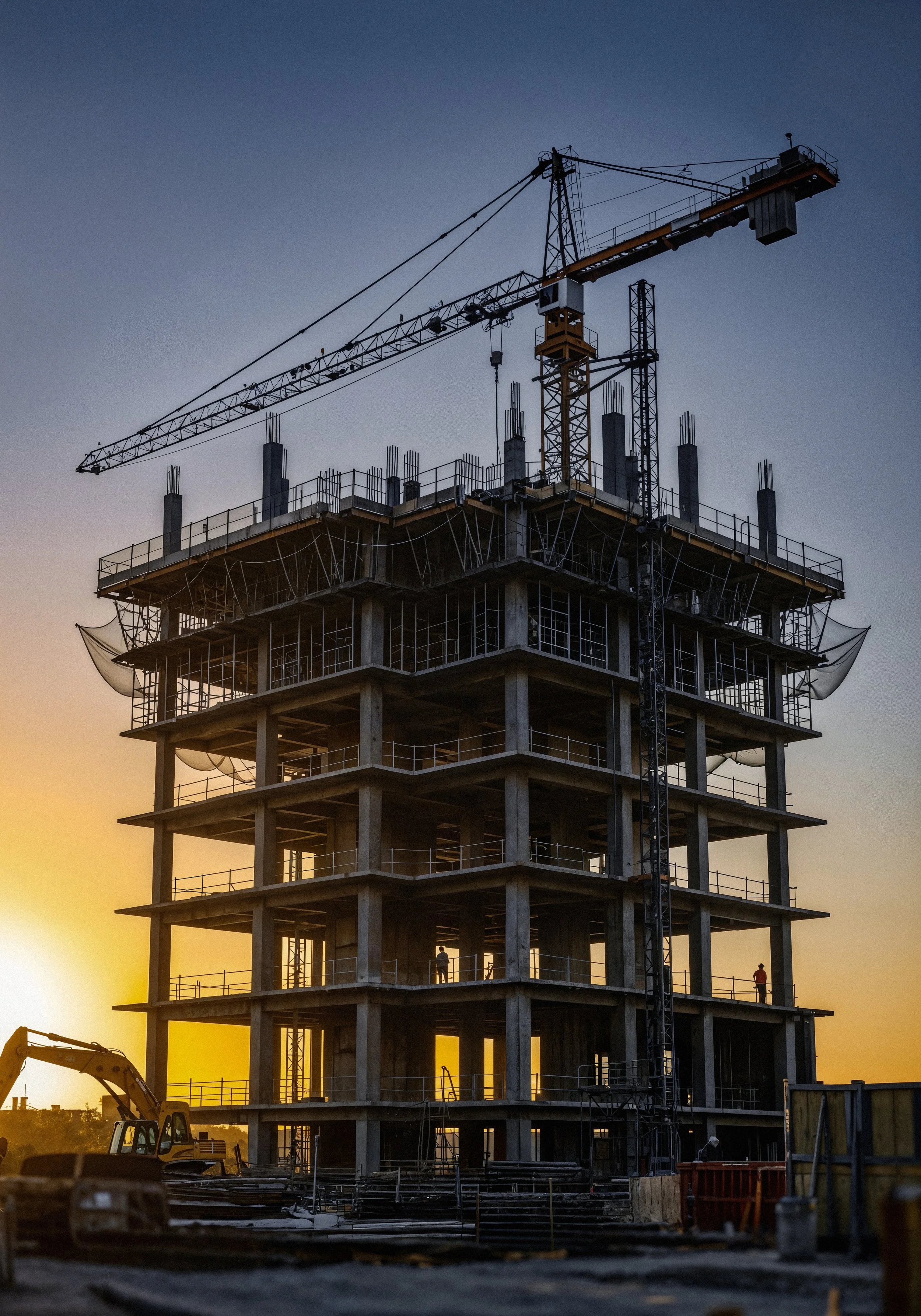 Construction site of a high-rise building at sunset with construction workers and a crane.
