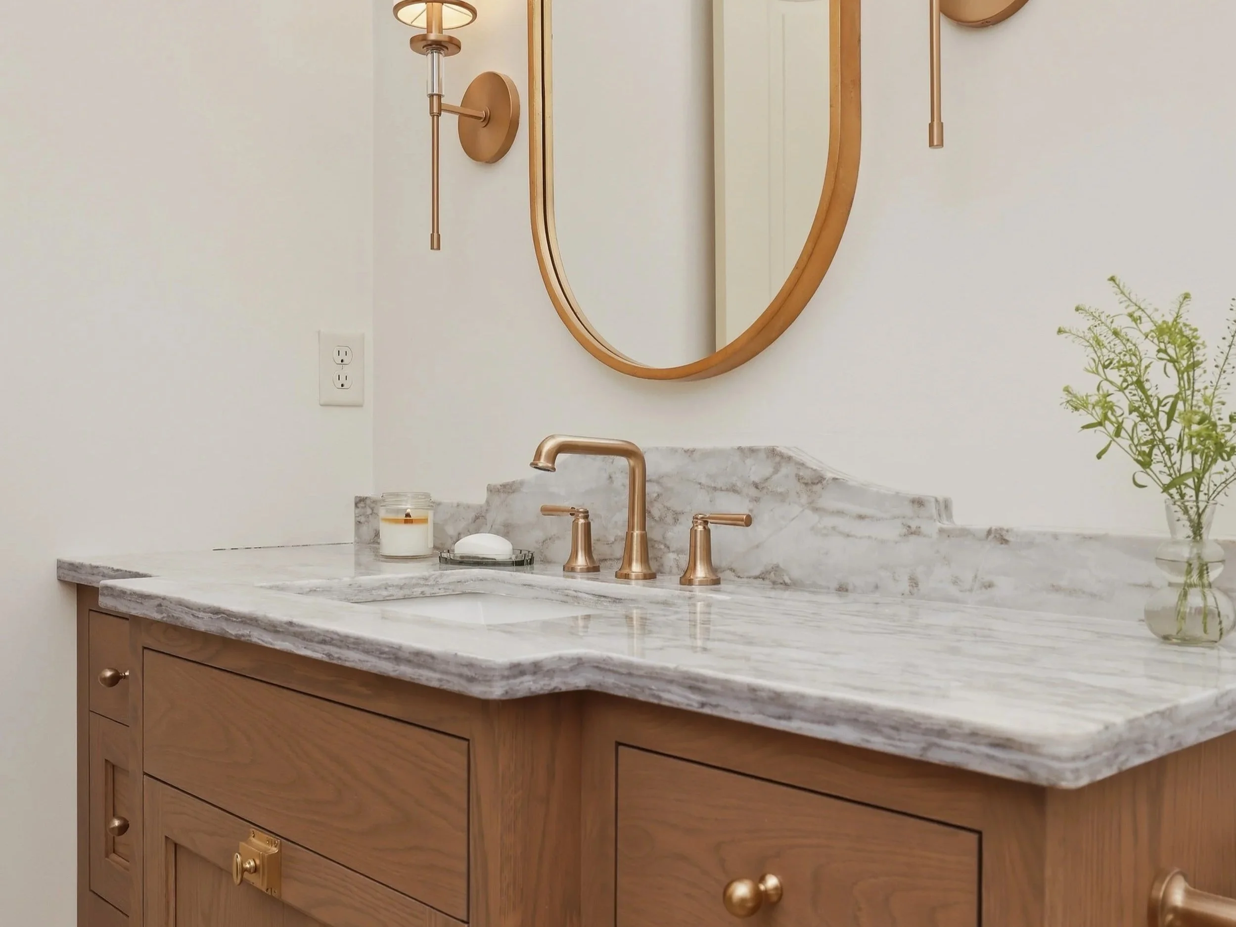 A renovated bathroom with a wood vanity and quartz countertops complete with a rose-gold brushed faucet in Greenville, South Carolina. 