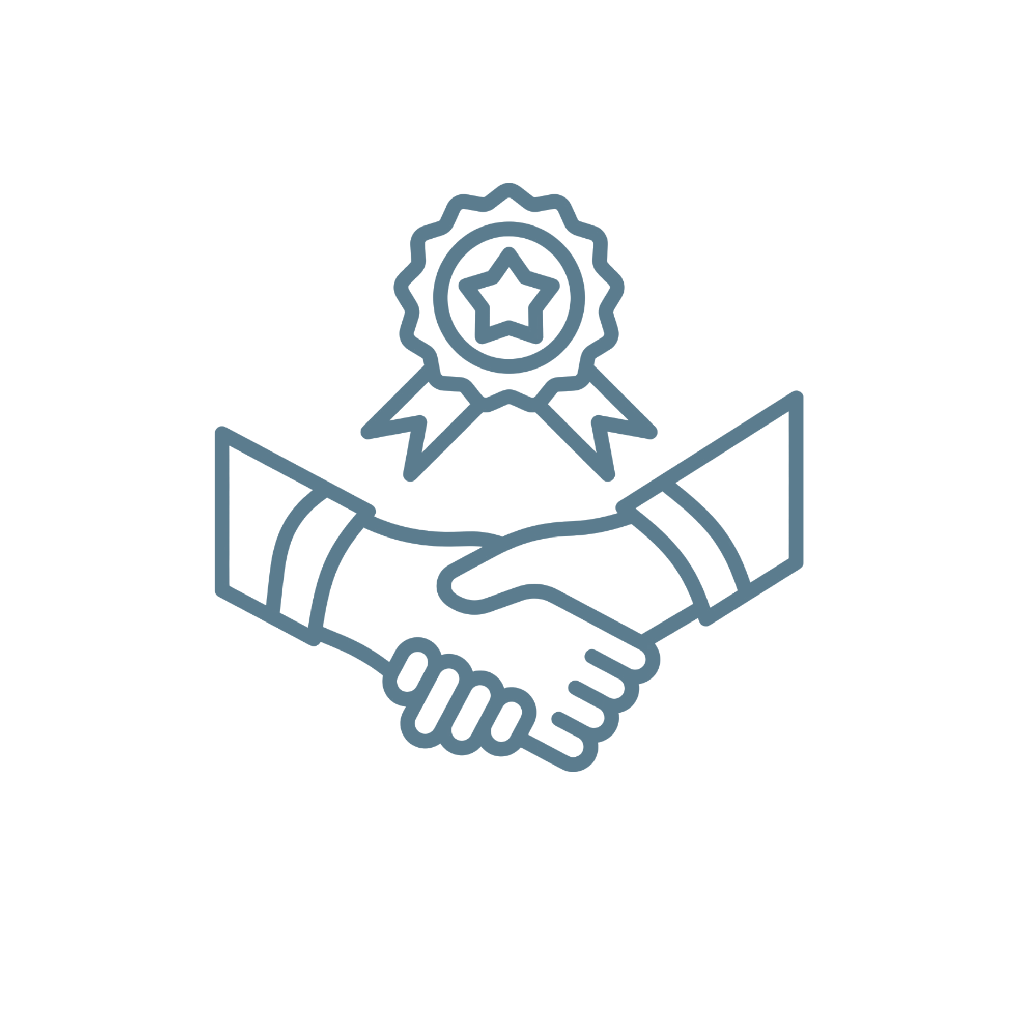 Line drawing of a handshake with a medal or ribbon hanging from one hand, symbolizing achievement or partnership.