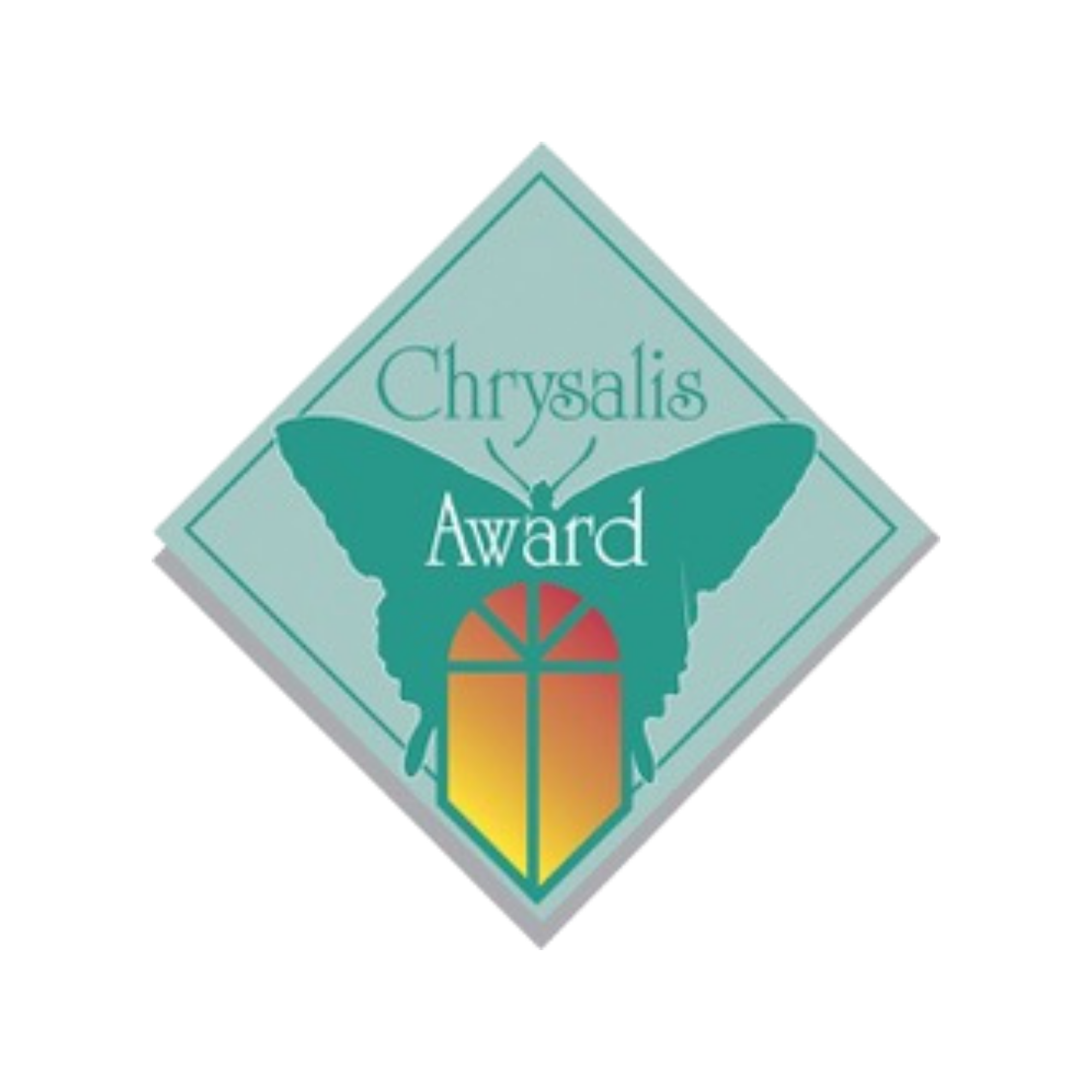 Close-up of an award ribbon featuring a stylized green butterfly and the words 'Chrysalis Award' inside a diamond-shaped border.