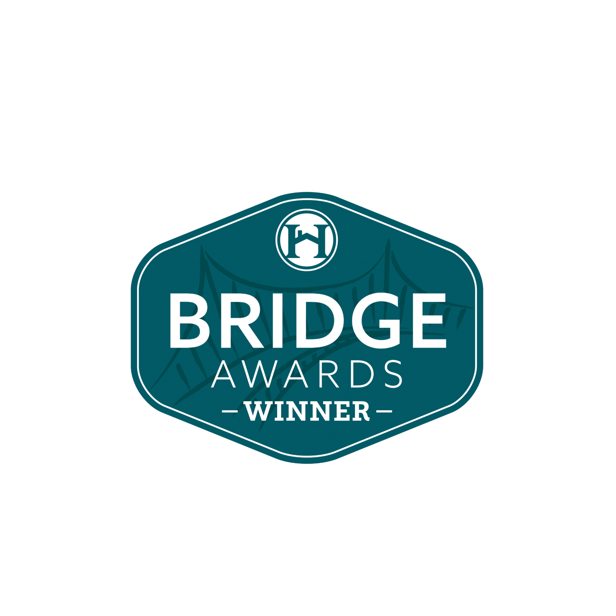 A design featuring the words "PRINCE BRIDGE AWARD WINNER" with a circular logo containing the letter H at the top and an illustration of a bridge in the background.