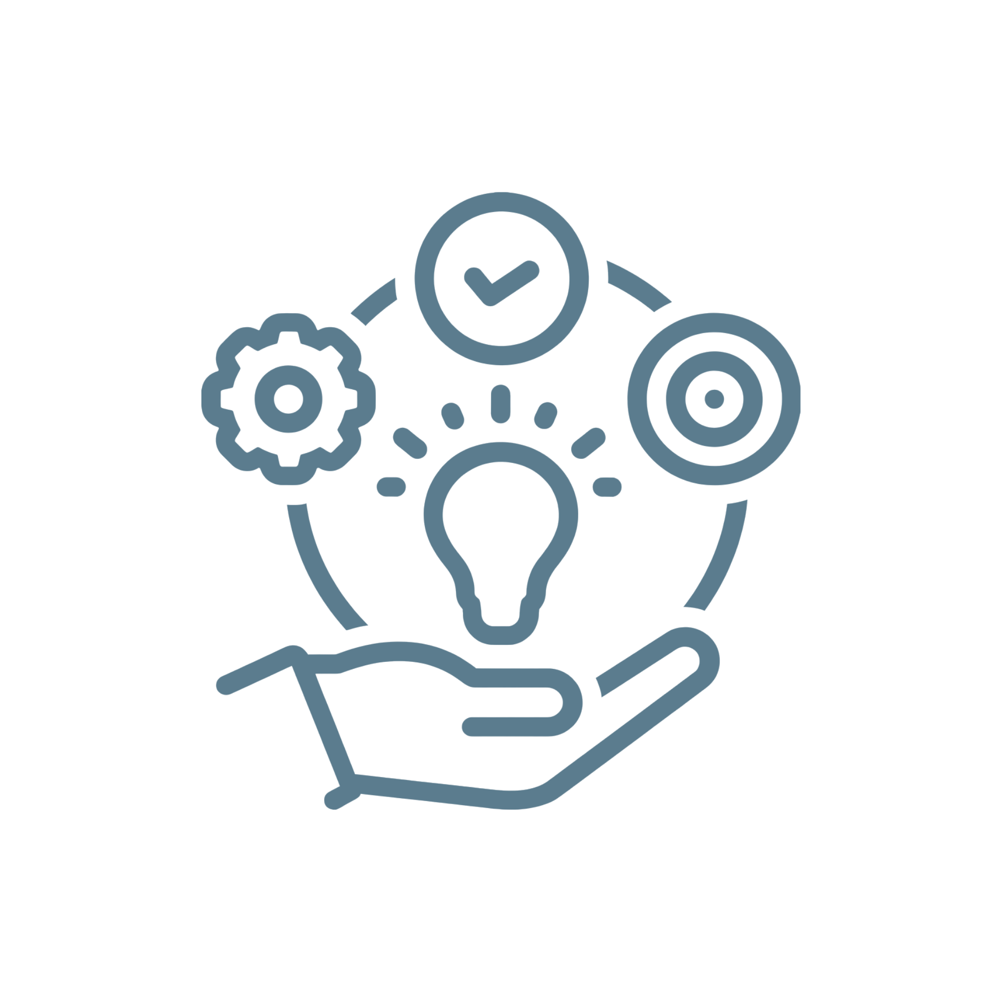 Illustration of a hand holding a lightbulb surrounded by gears and target symbols, representing innovation or ideas.