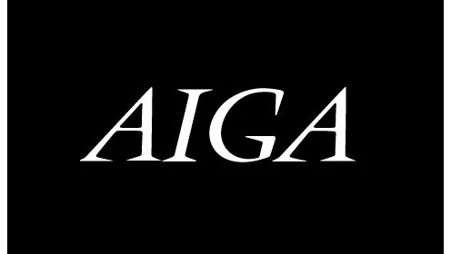 Logotipo con fondo negro y la palabra 'AIGA' en letras blancas estilizadas.