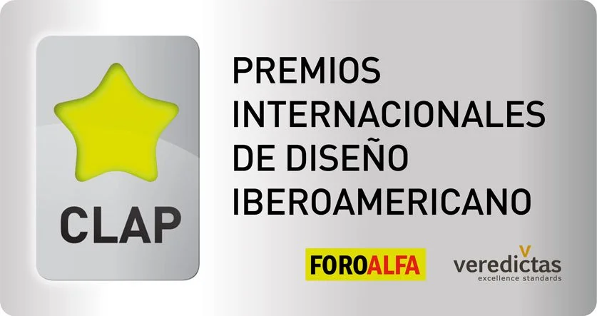 Cartel con estrella amarilla, texto que dice 'Premios Internacionales de Diseño Iberoamericano', y logotipos de CLAP, Foro Alfa y Veredictas.