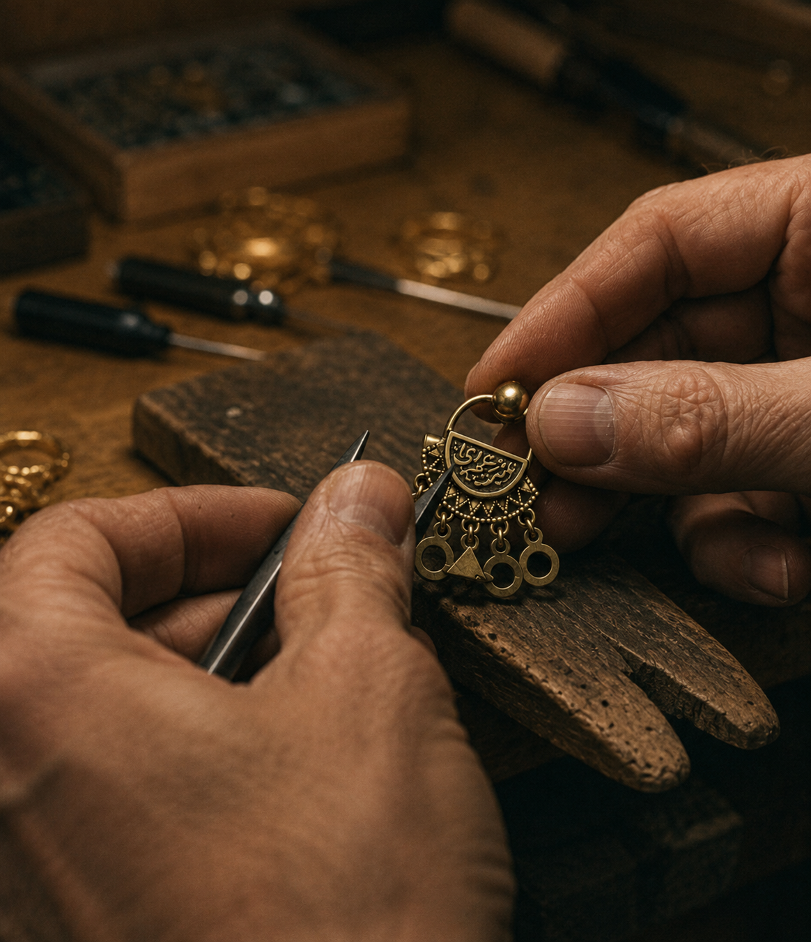 Person working on a gold earring with intricate design and hanging charms at a jewelry workshop. Tools and jewelry pieces are visible on a wooden workbench.