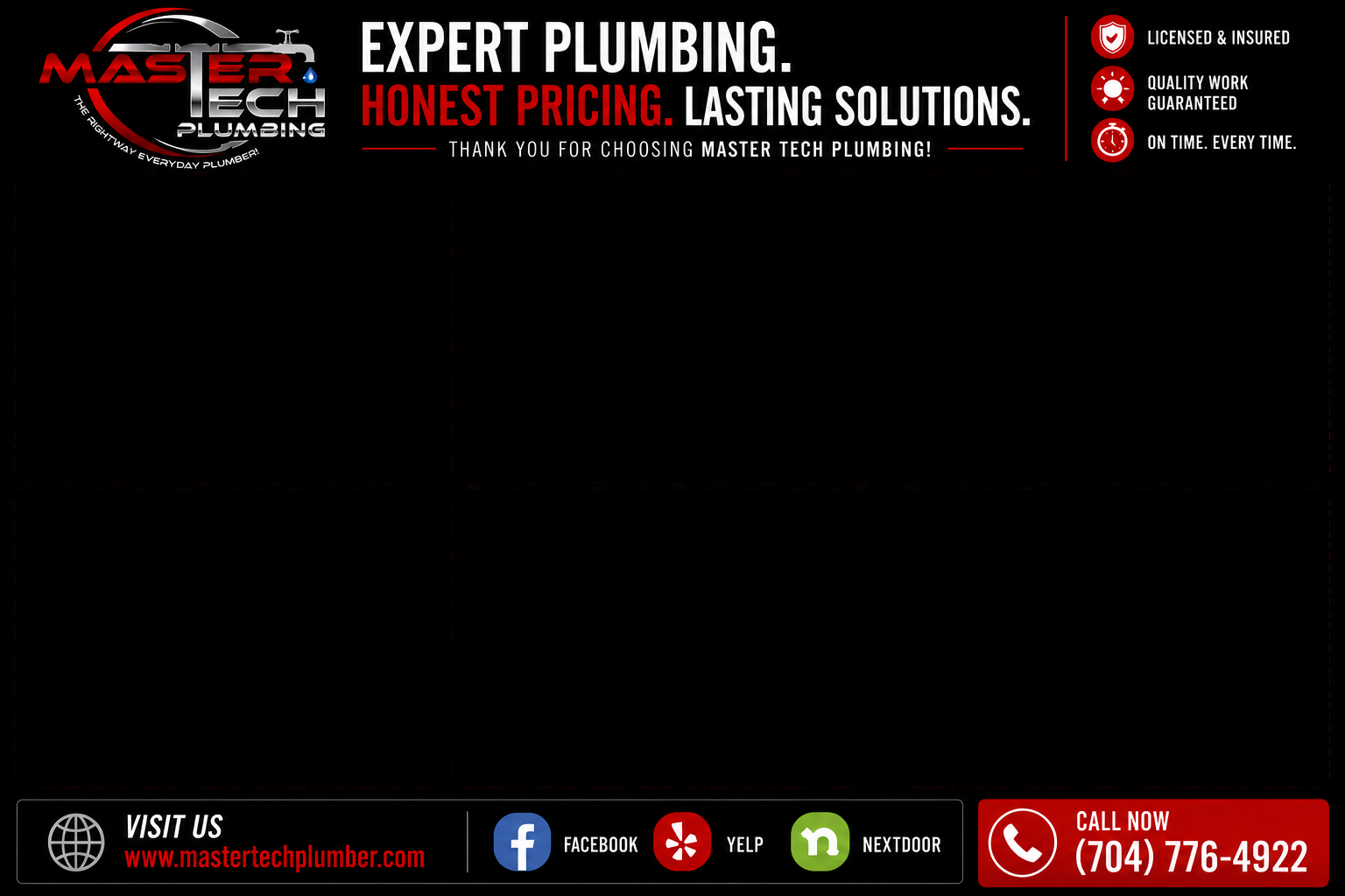 Advertisement banner for Master Tech Plumbing featuring logo, slogans, and contact information, with icons for licensing, work quality, punctuality, and social media.