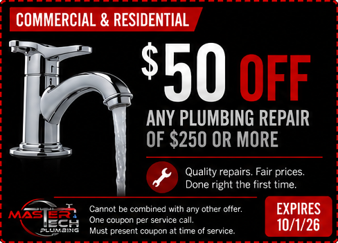 Advertisement offering $50 off plumbing repairs of $250 or more, with a picture of a chrome faucet, valid until October 26, 2021.
