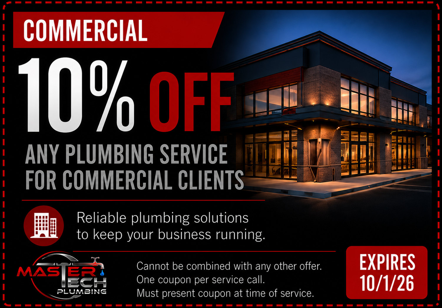 A promotional flyer for Master Tech Plumbing offering 10% off on commercial plumbing services for commercial clients, with an expiration date of October 1, 2026. The background features an illuminated commercial building at dusk.