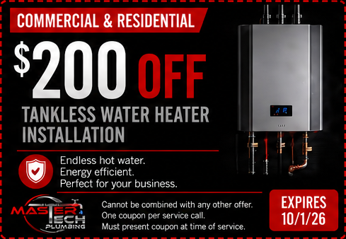 Advertisement for a $200 discount on tankless water heater installation, with details about its features, a picture of the water heater, and expiration date October 1, 2026.