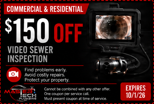 Advertisement offering $150 off video sewer inspection for commercial and residential customers, with an expiry date of October 26, 2021, highlighting benefits like early problem detection, cost avoidance, and property protection.