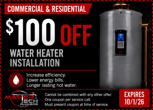 Advertisement offering $100 off water heater installation for commercial and residential customers, valid until October 1, 2026.