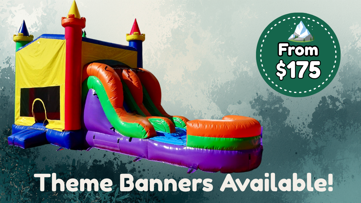 Celebration Station colorful dual-lane bounce house combo with slide rental from Wild Valley Inflatables in Jefferson County, West Virginia.