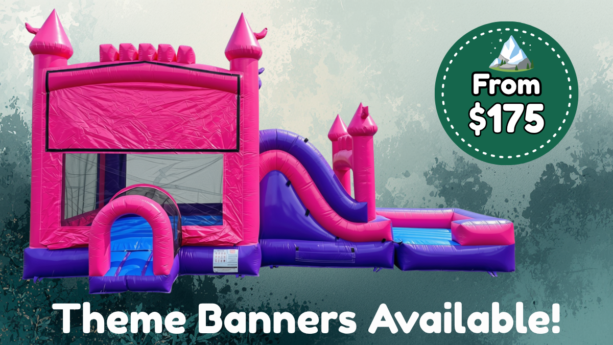 Pretty Palace pink and purple dual-lane bounce house combo with slide rental from Wild Valley Inflatables in Jefferson County, West Virginia.