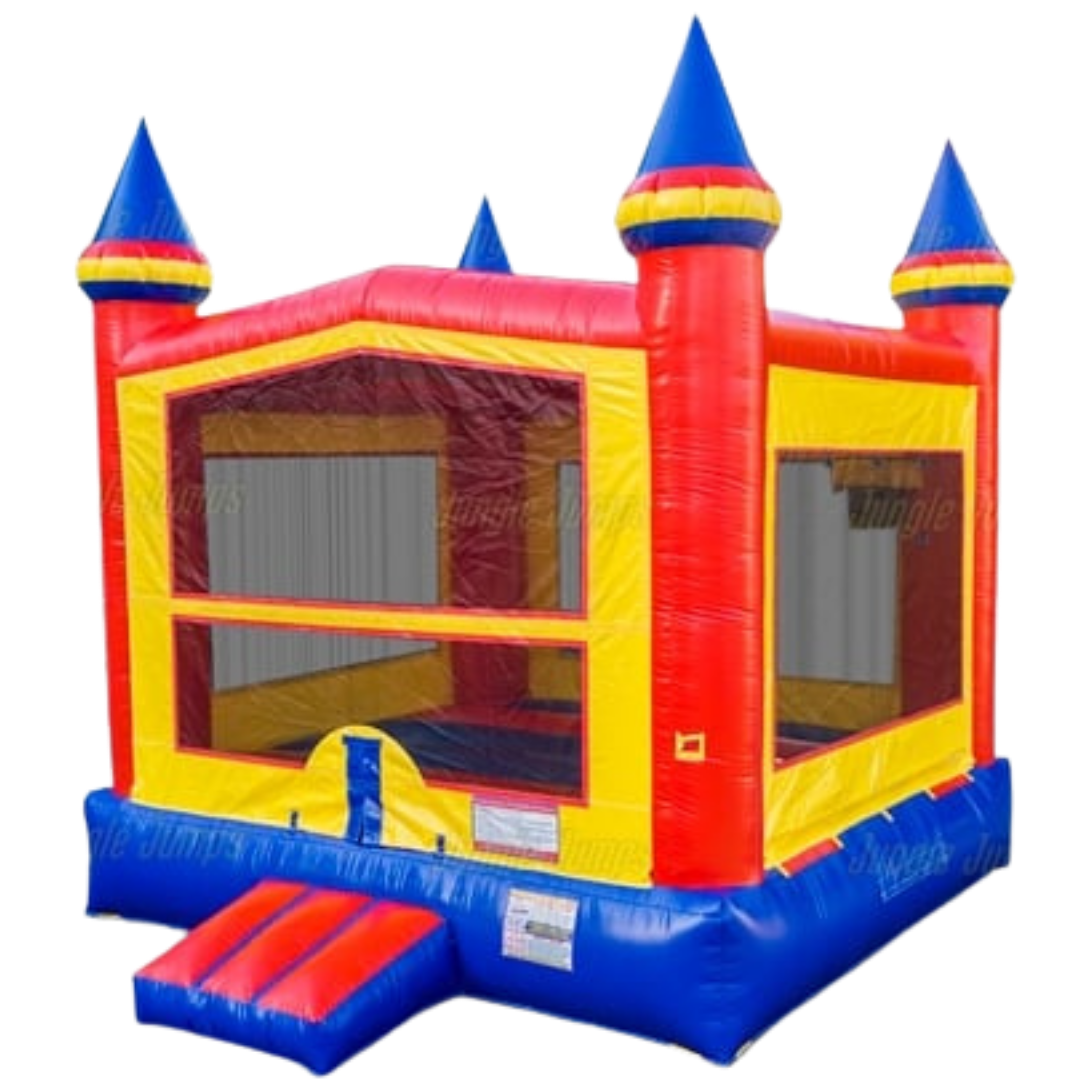 Party Castle 15' × 15' commercial-grade bounce house rental with interchangeable themed banners from Wild Valley Inflatables in Jefferson County, West Virginia.