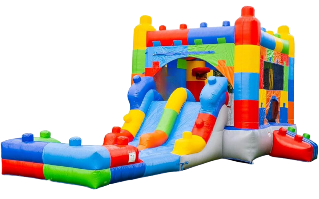 Block House inflatable bounce house combo with climbing wall, slide, and splash pool rental from Wild Valley Inflatables in Jefferson County, West Virginia.