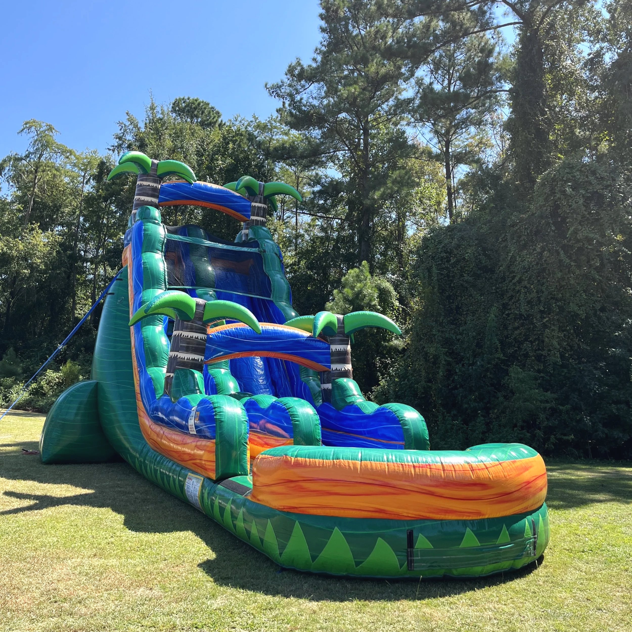Swamp King 22-ft water slide rental in Brunswick GA, featuring a tall, fast slide and splash pool for backyard parties.