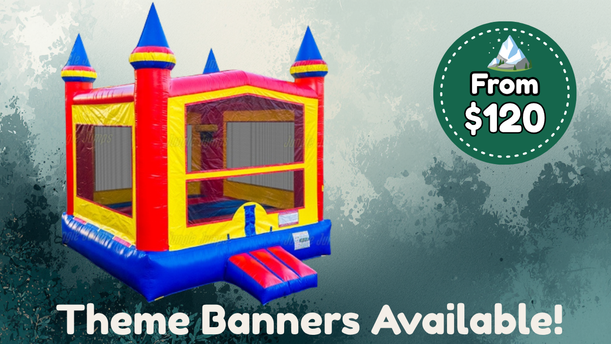 Party Castle 15' × 15' commercial-grade bounce house rental with interchangeable themed banners from Wild Valley Inflatables in Jefferson County, West Virginia.