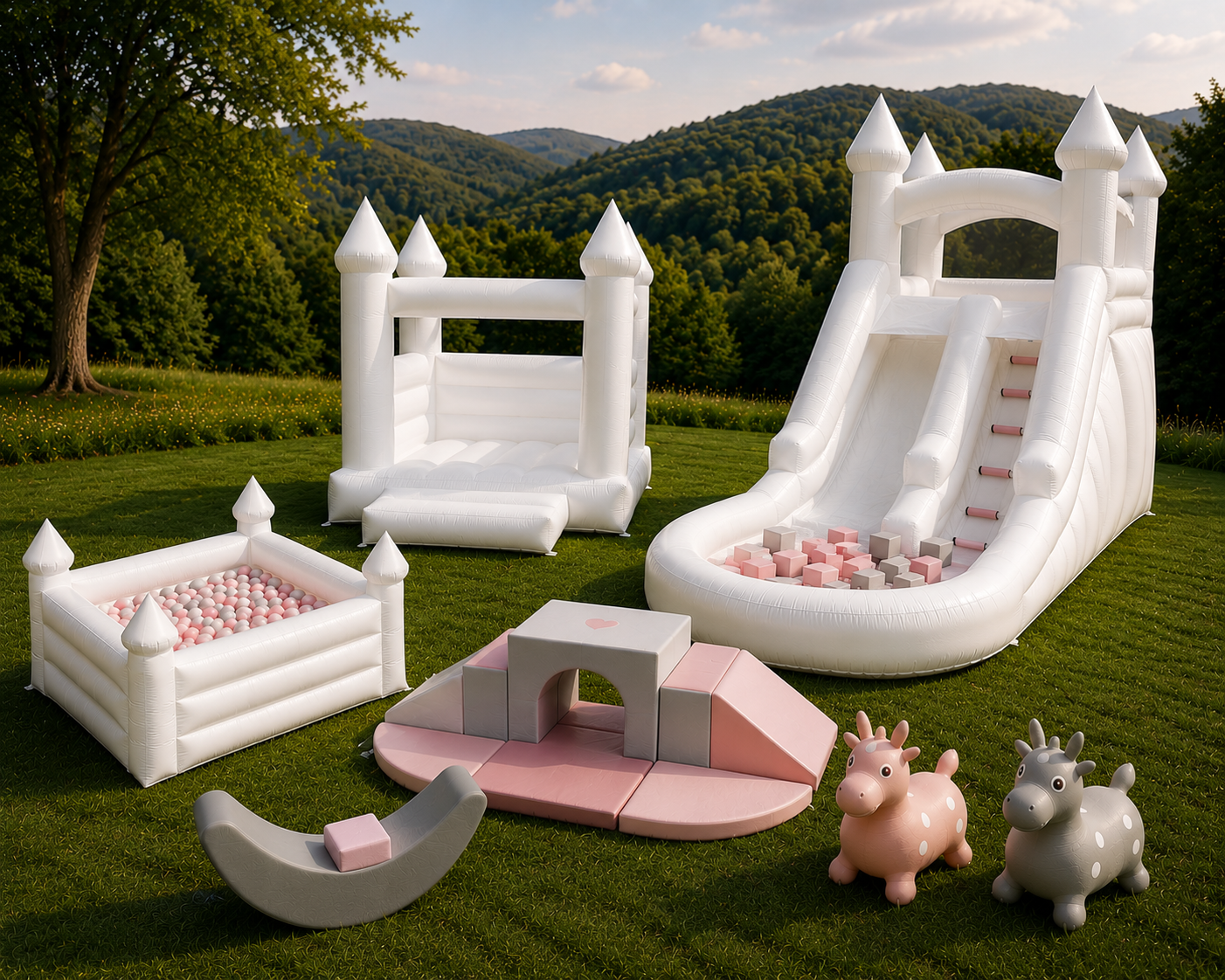 Luxury soft play package with white bounce house, ball pit and slide for toddlers in Jefferson County, West Virginia.