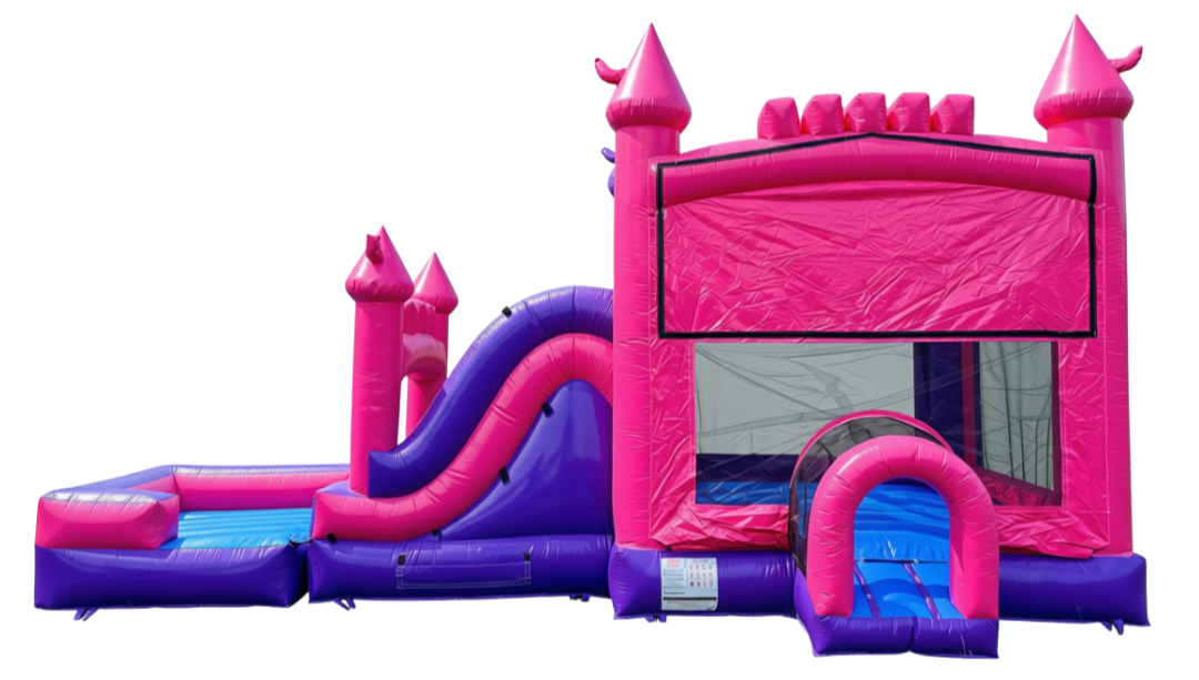 Purplish Palace pink and purple dual-lane bounce house combo with slide rental from Wild Valley Inflatables in Jefferson County, West Virginia.