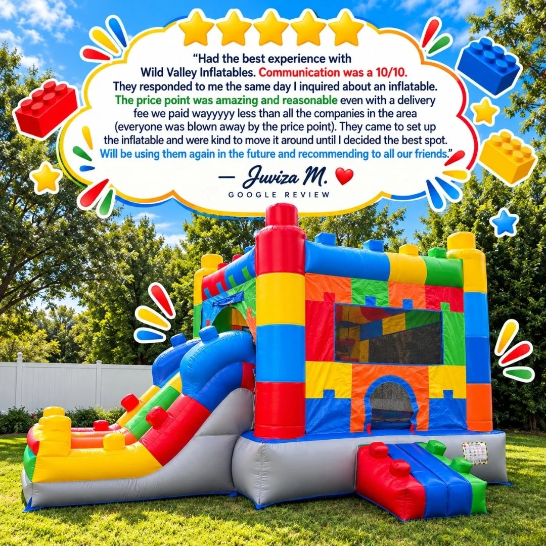 lego block bounce house with slide combo wild valley inflatables, west virginia.