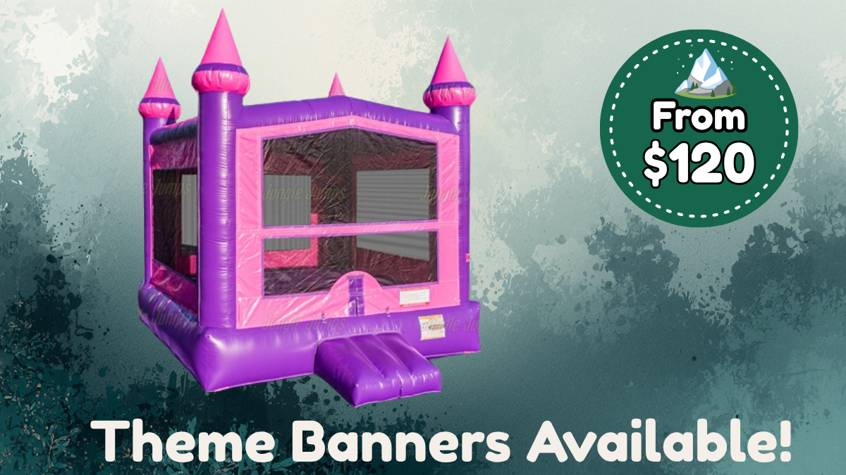 Candy Castle 15' × 15' commercial-grade bounce house rental with interchangeable themed banners from Wild Valley Inflatables in Jefferson County, West Virginia.