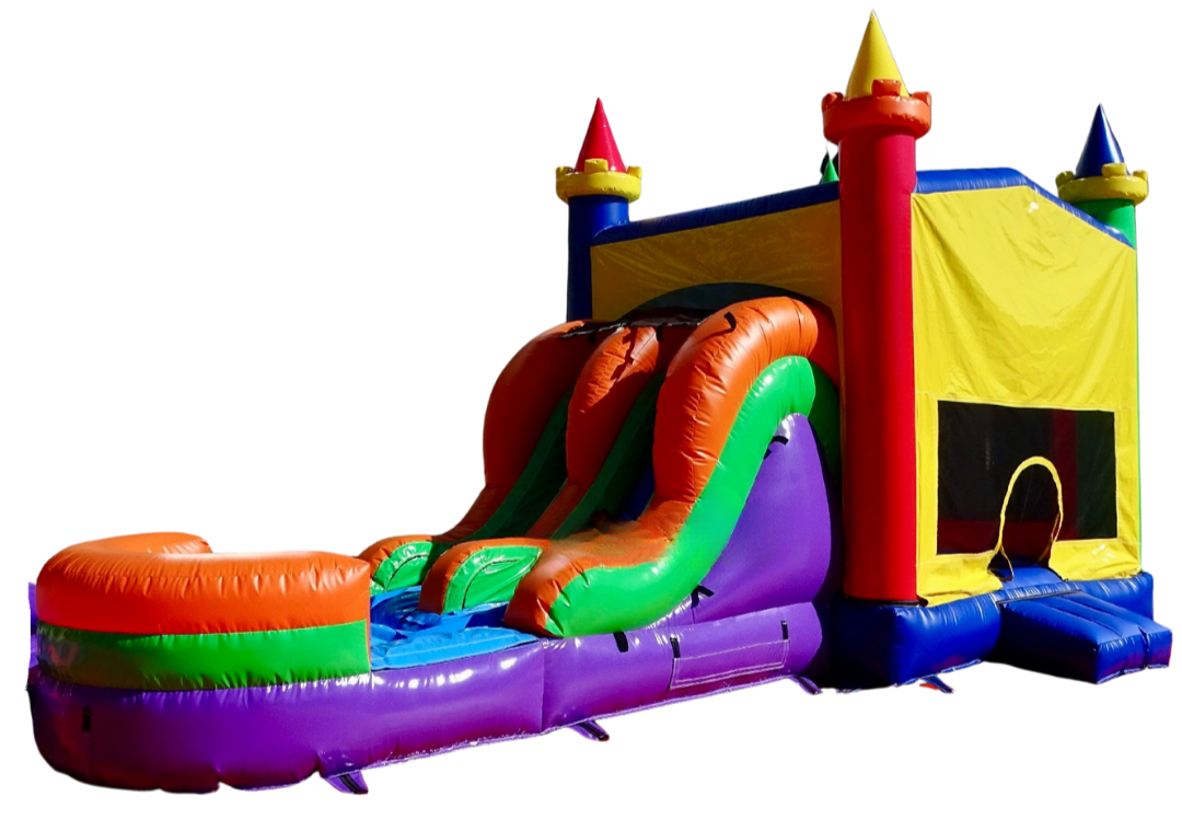 Celebration Station colorful dual-lane bounce house combo with slide rental from Wild Valley Inflatables in Jefferson County, West Virginia.