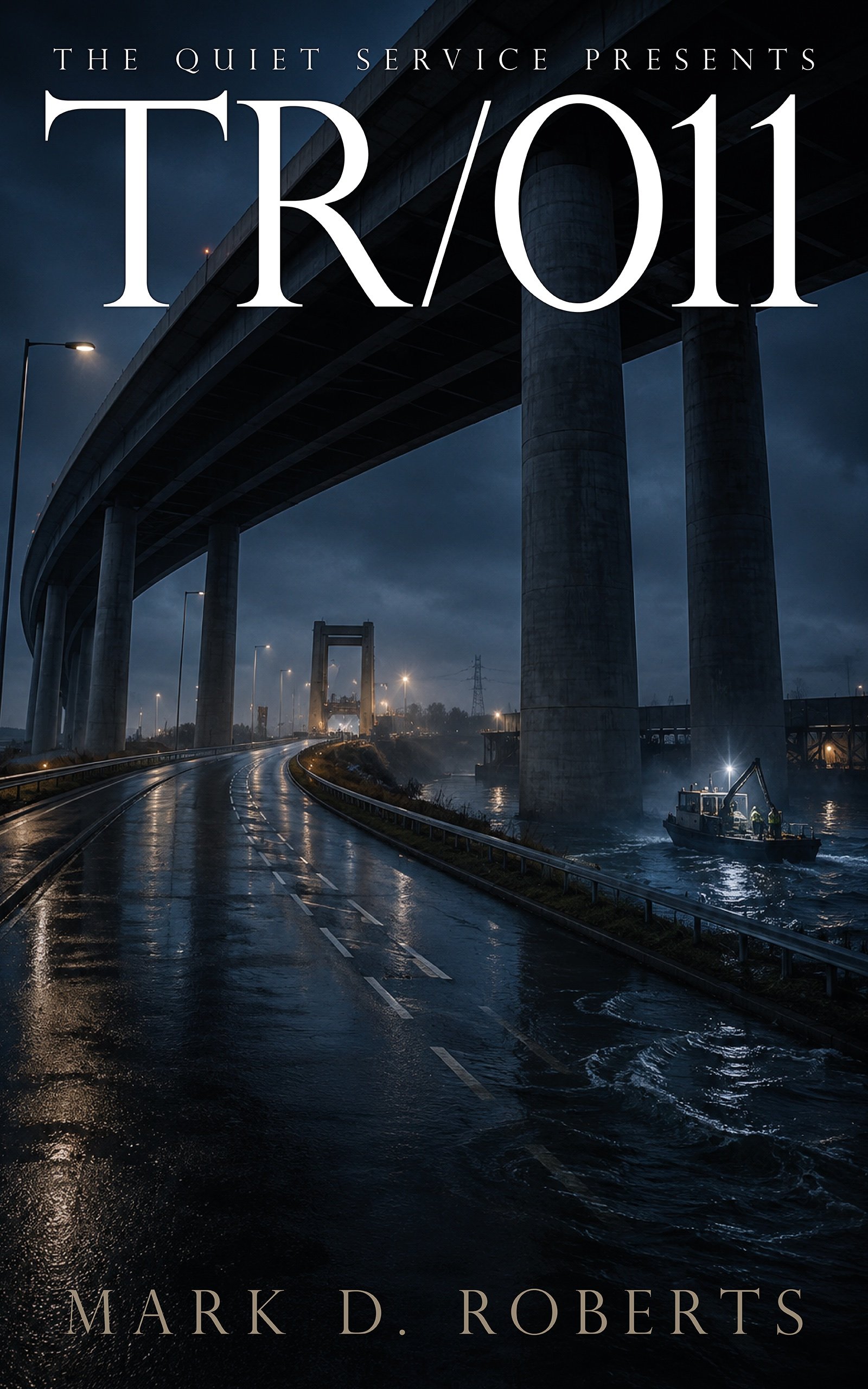 Cover of TR/011 by Mark D. Roberts: a rain-slicked road curves beneath a vast concrete flyover beside a dark river, where a small illuminated workboat passes at night.