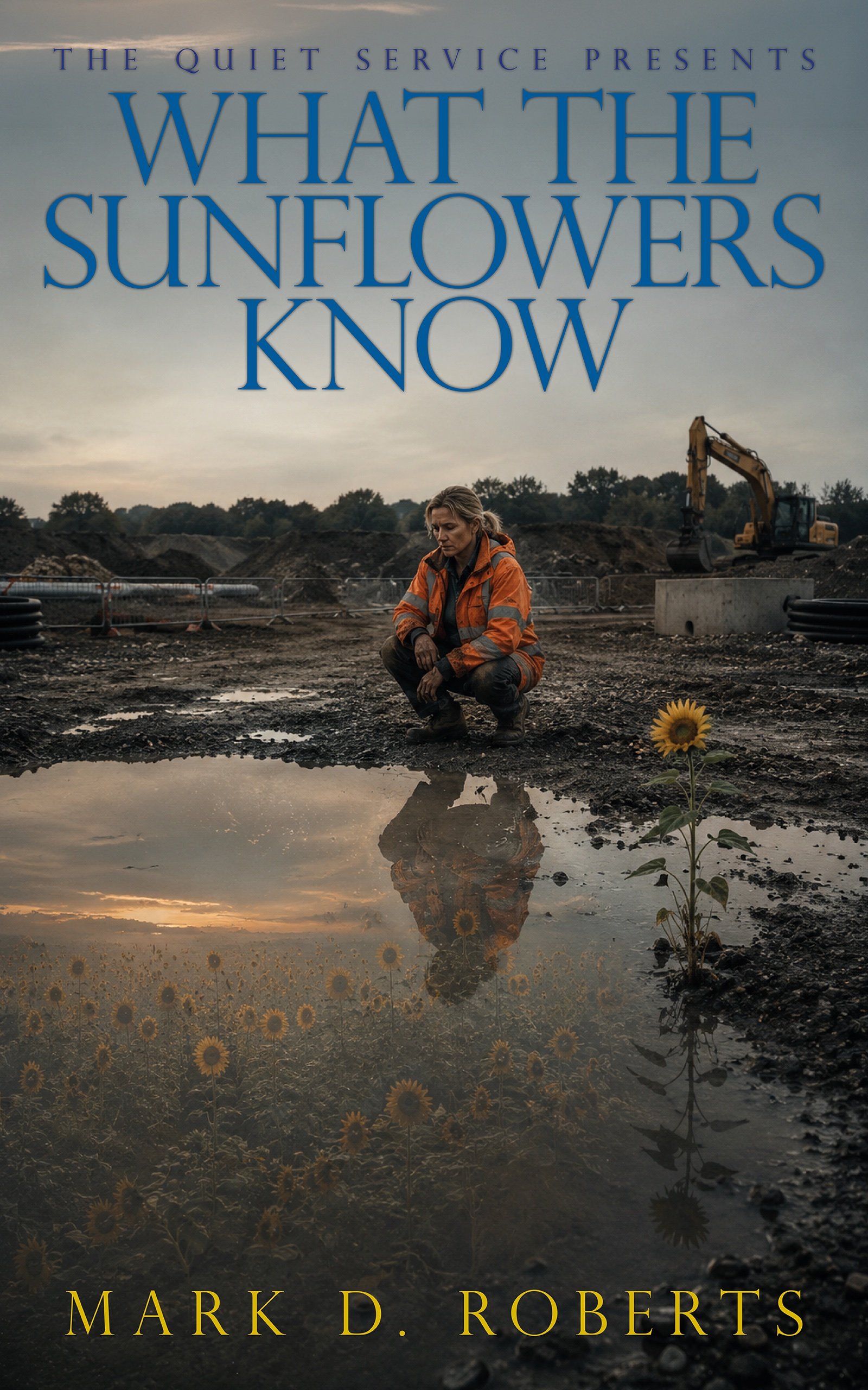 Cover of What the Sunflowers Know by Mark D. Roberts: a weary construction worker crouches beside a lone sunflower and a muddy puddle reflecting a bright field of sunflowers.