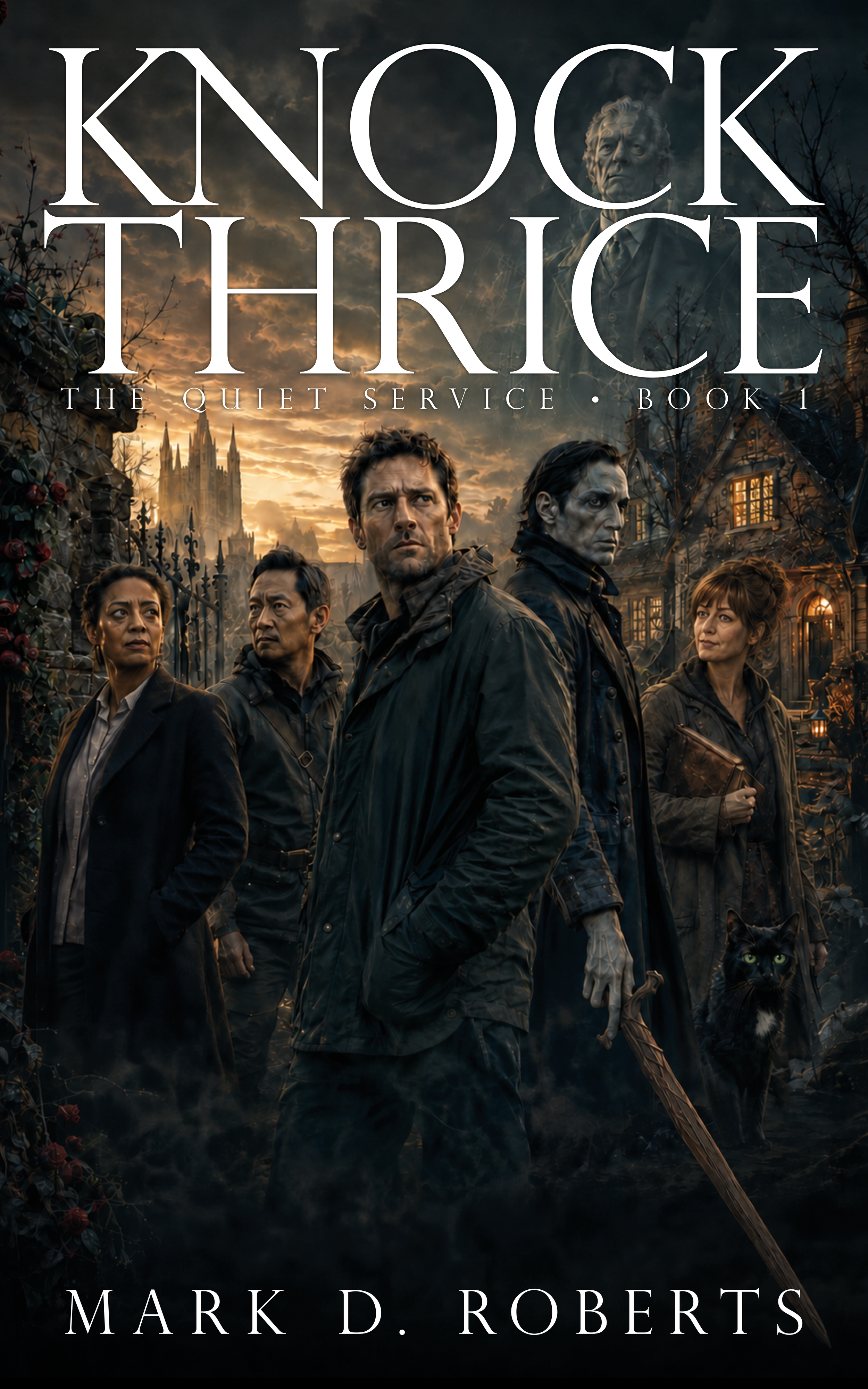 Cover of Knock Thrice: The Quiet Service, Book 1 by Mark D. Roberts: five investigators stand before a gothic house and cathedral beneath a stormy sky, watched by a ghostly elderly man and a black cat.
