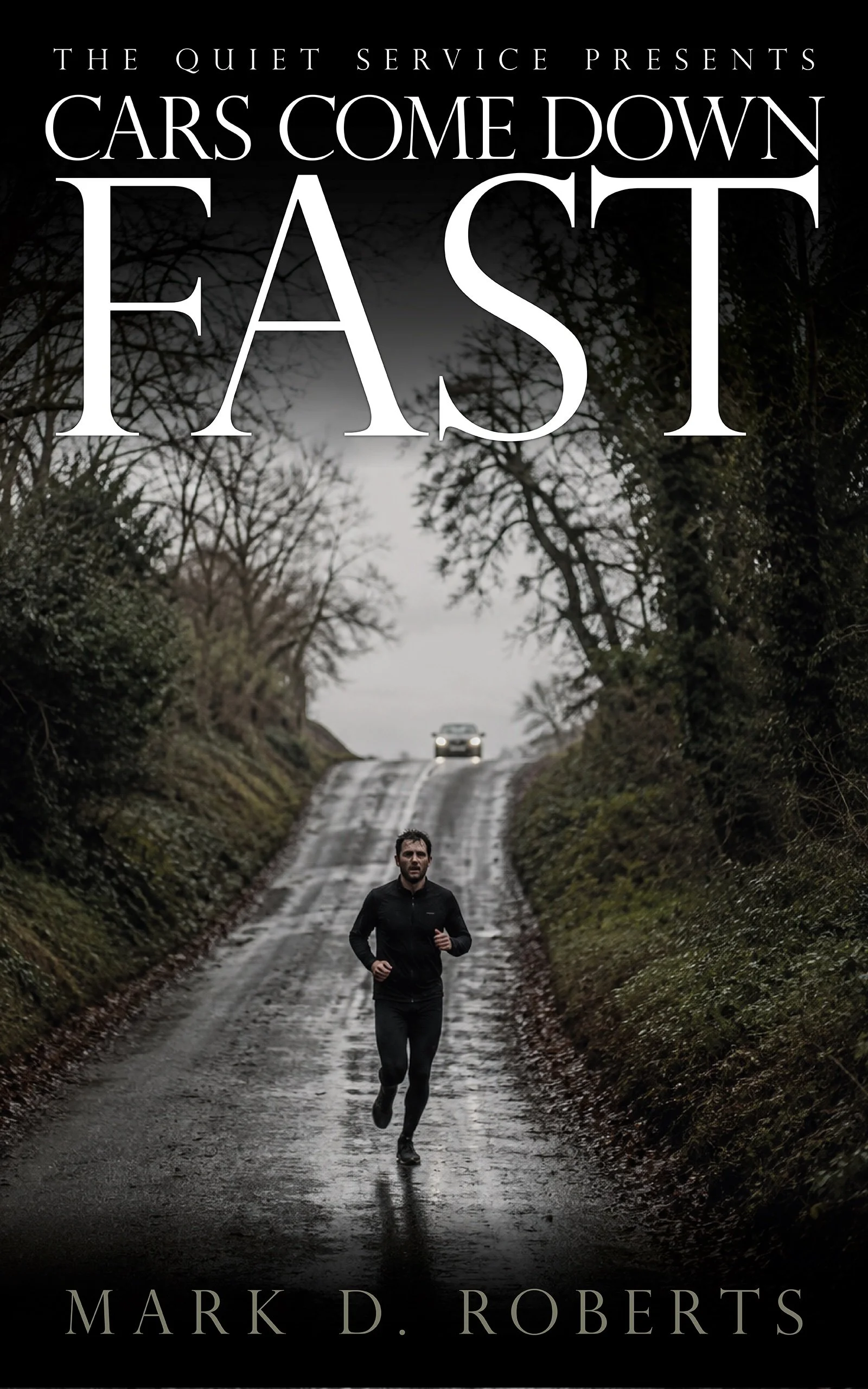 Cover of Cars Come Down Fast by Mark D. Roberts: a man runs down the centre of a steep, wet country road as a car approaches over the crest behind him.