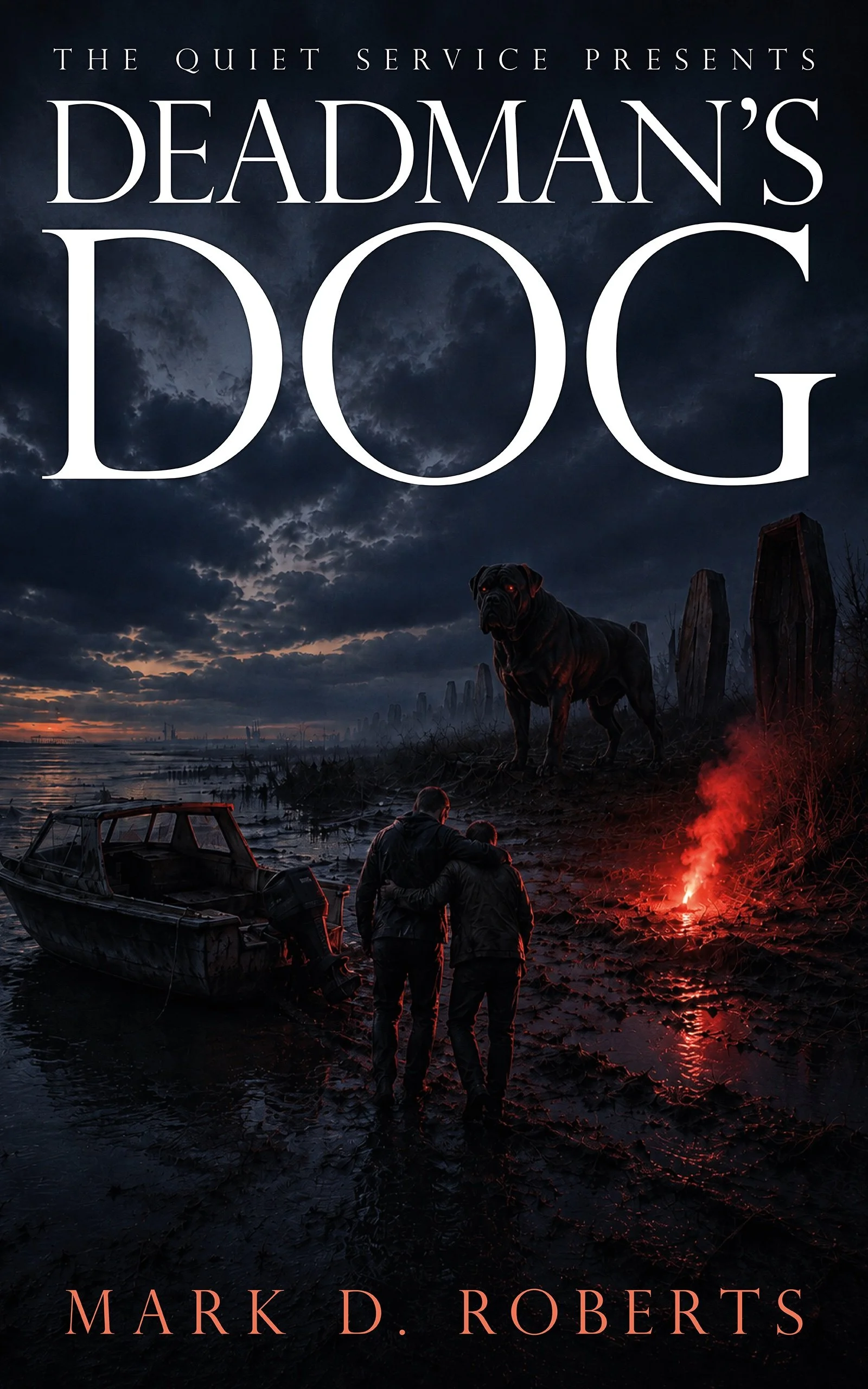 Cover of Deadman’s Dog by Mark D. Roberts: two men face a huge black dog with glowing red eyes on a desolate shoreline illuminated by a red flare.