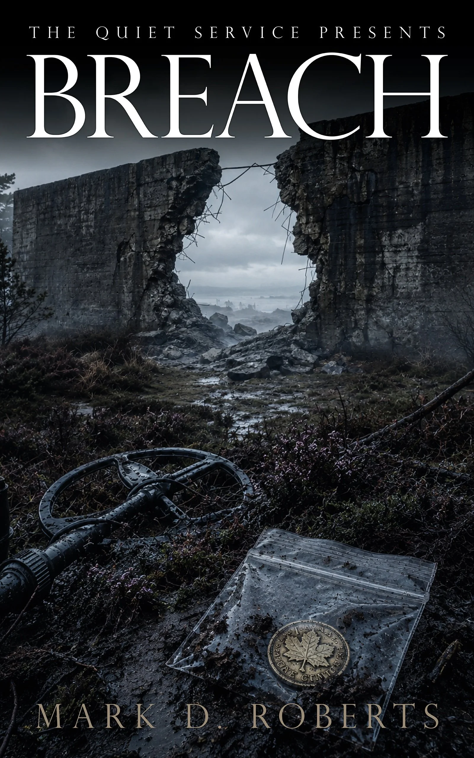Cover of Breach by Mark D. Roberts: a jagged opening in a ruined concrete wall overlooks a bleak landscape, with a metal detector and a bagged medallion lying in the wet foreground.