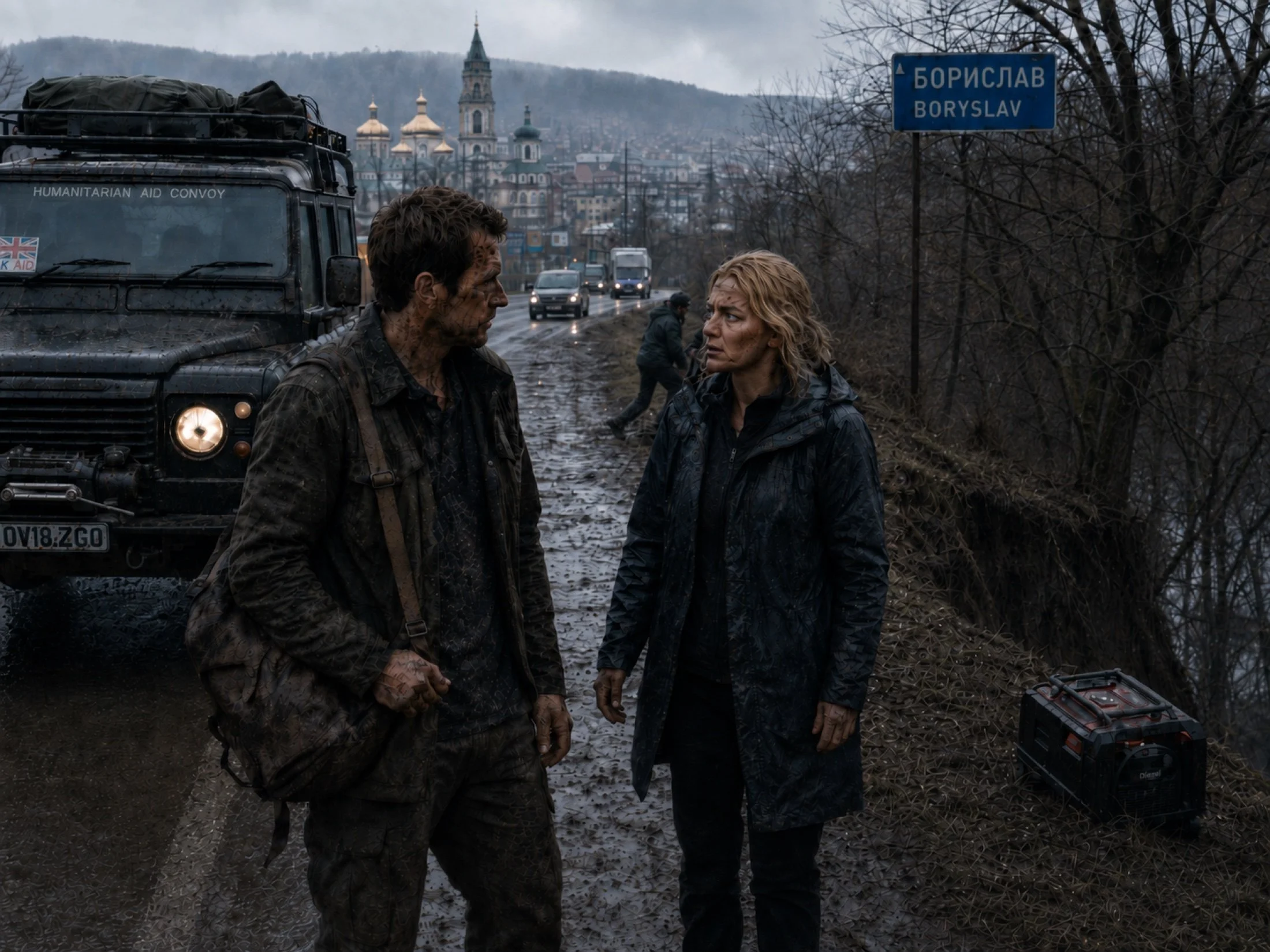 James Stuart meets Ukrainian civil engineer Olena Marchenko during an aid operation near the Polish–Ukrainian border.
