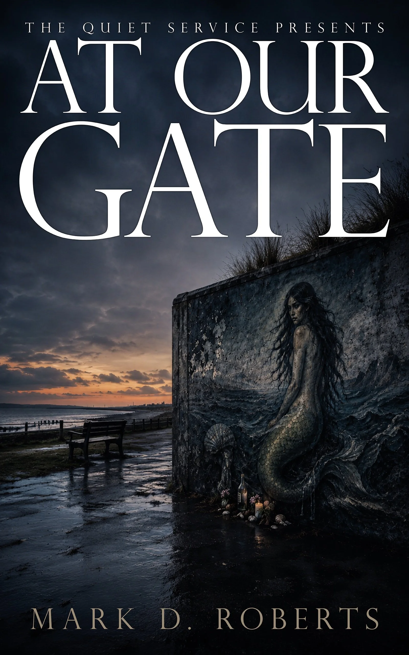 Cover of At Our Gate by Mark D. Roberts: a rain-darkened seaside promenade at dusk, with a haunting mermaid mural painted on a weathered wall.