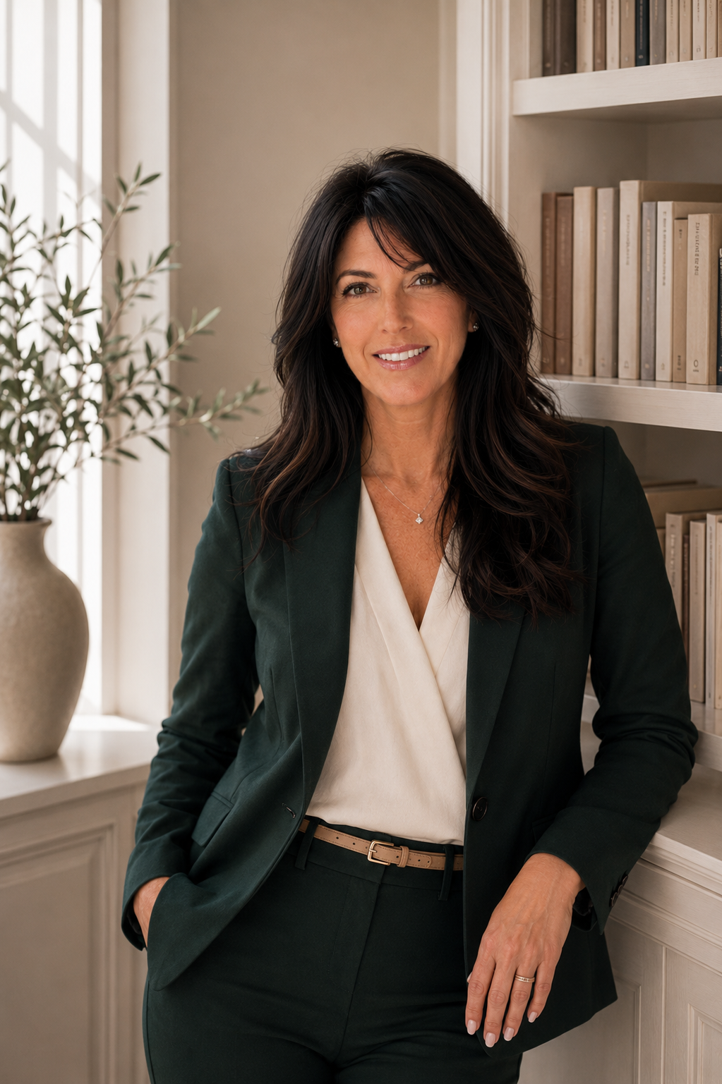 Christina Hekkert, Christina Hekkert in a green blazer standing by a bright window with a vase and booksfounder of The Refined Method, smiling in front of a bookshelf
