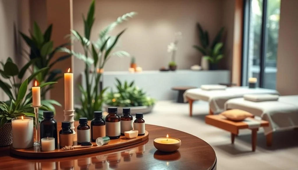 Lit candles and amber supplement bottles arranged on a wooden tray with green plants