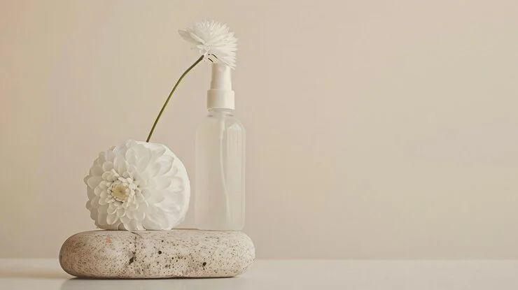 White flower resting on a smooth stone beside a frosted glass bottle