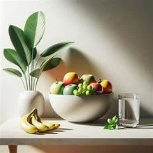 White bowl of fresh fruit with bananas, a leafy plant, and a glass of water on a table