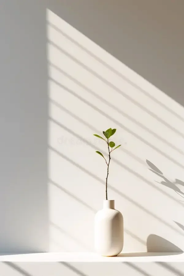 Minimal white bud vase holding a small green sprig, soft natural light and shadows on a wall
