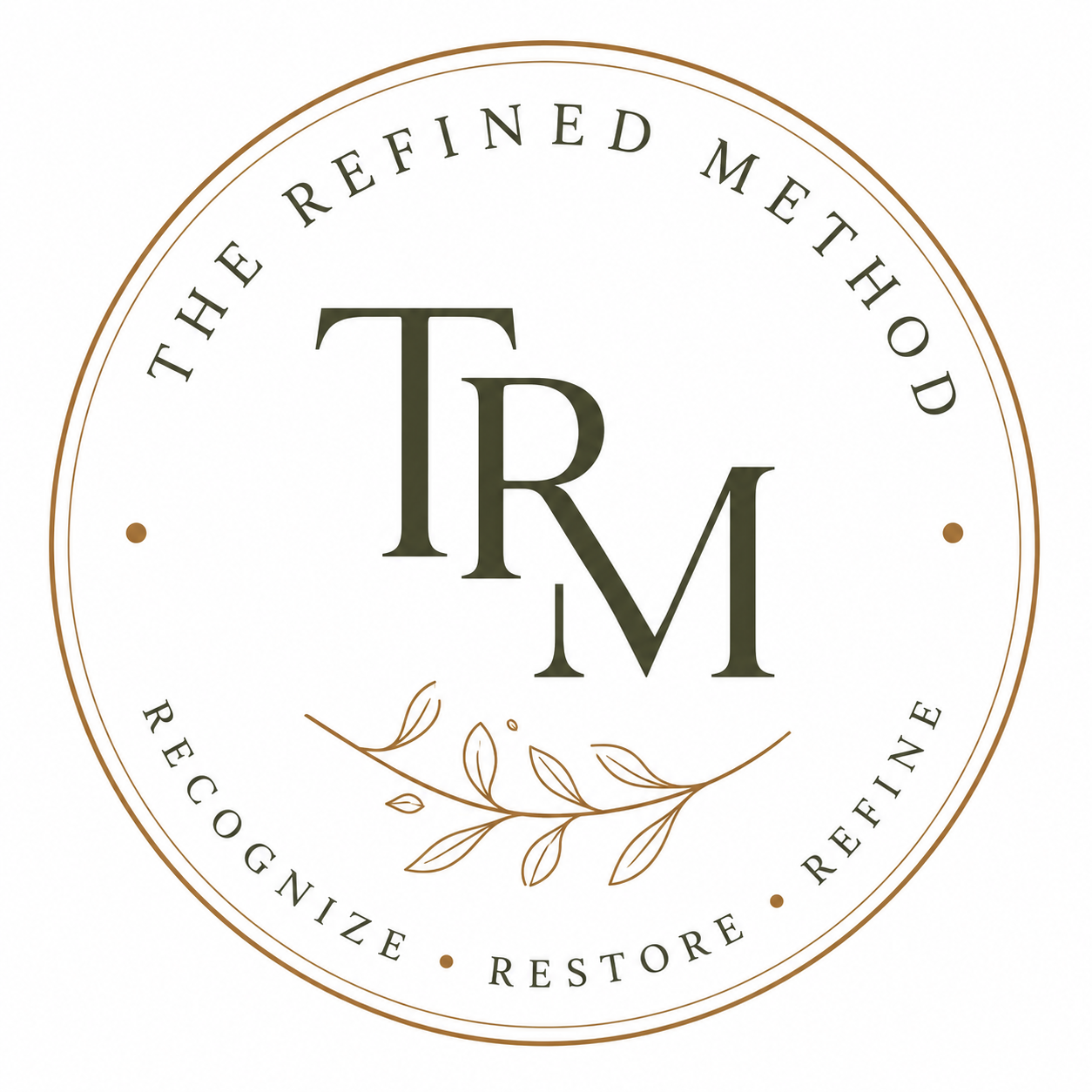 The Refined Method circular TRM monogram logo with the tagline Recognize, Restore, Refine