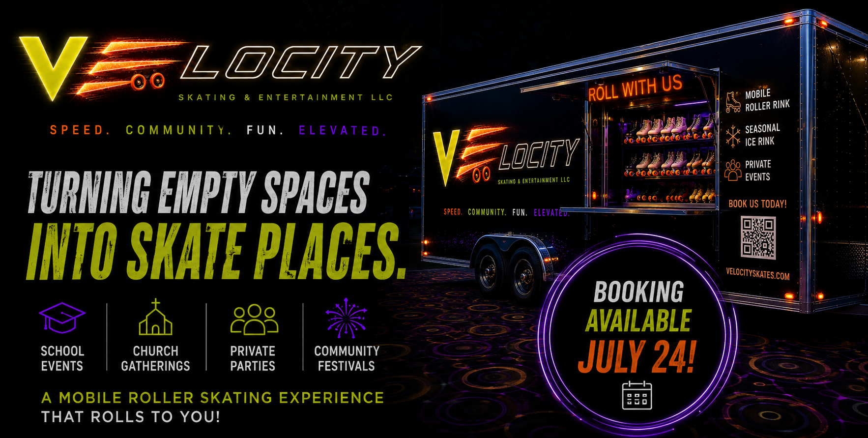 A neon-lit mobile roller skating trailer with colorful signage. The trailer features a shoe rack with roller skates, advertising private events, seasonal ice rink, and mobile roller rink. Bright text promotes booking availability for July 24.