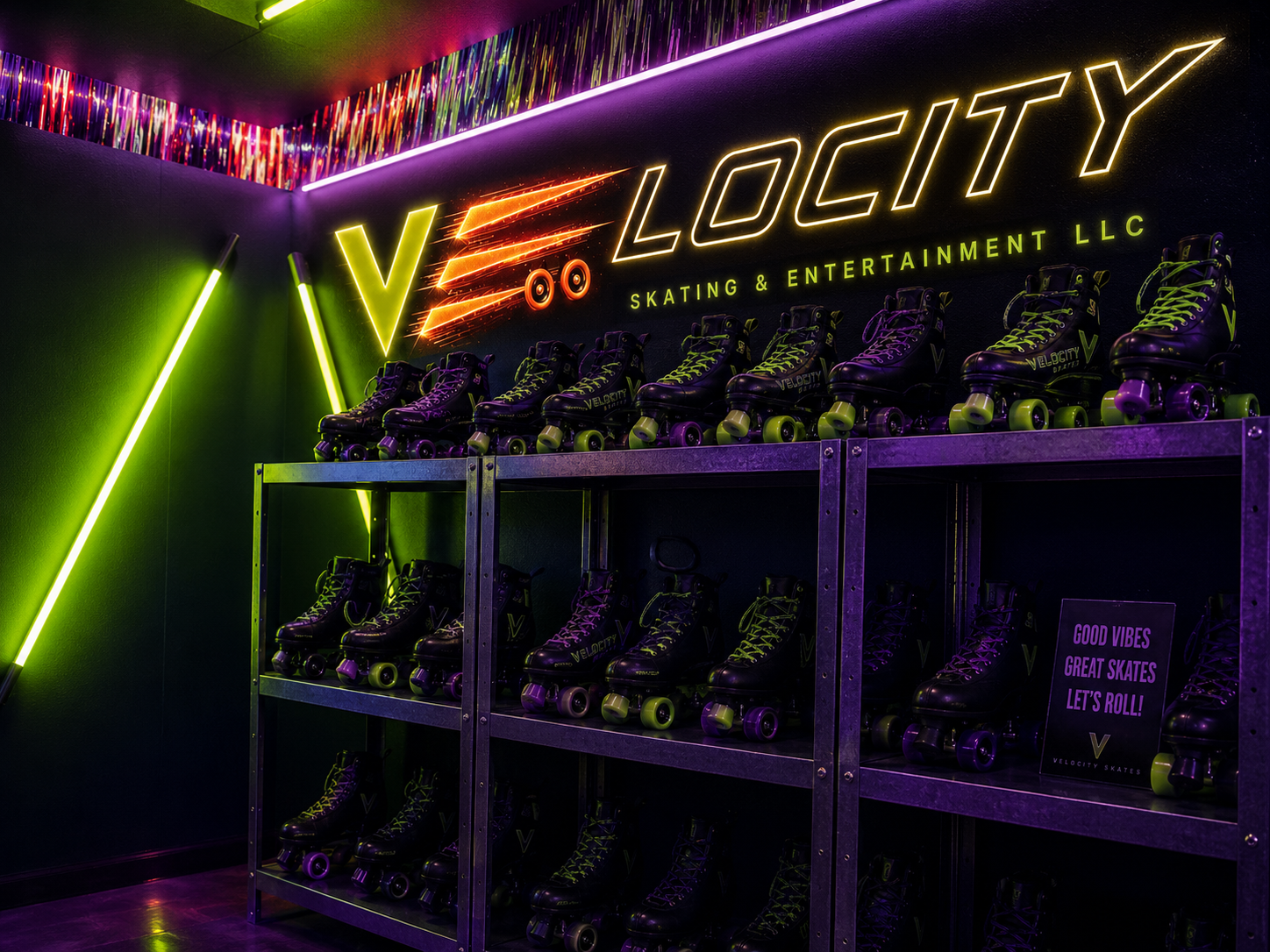 Neon-lit wall with the logo for Velocity Skating & Entertainment LLC and illuminated sign reading 'Good Vibes, Great Skates, Let's Roll!' behind a display of black and green roller skates on metal shelves.