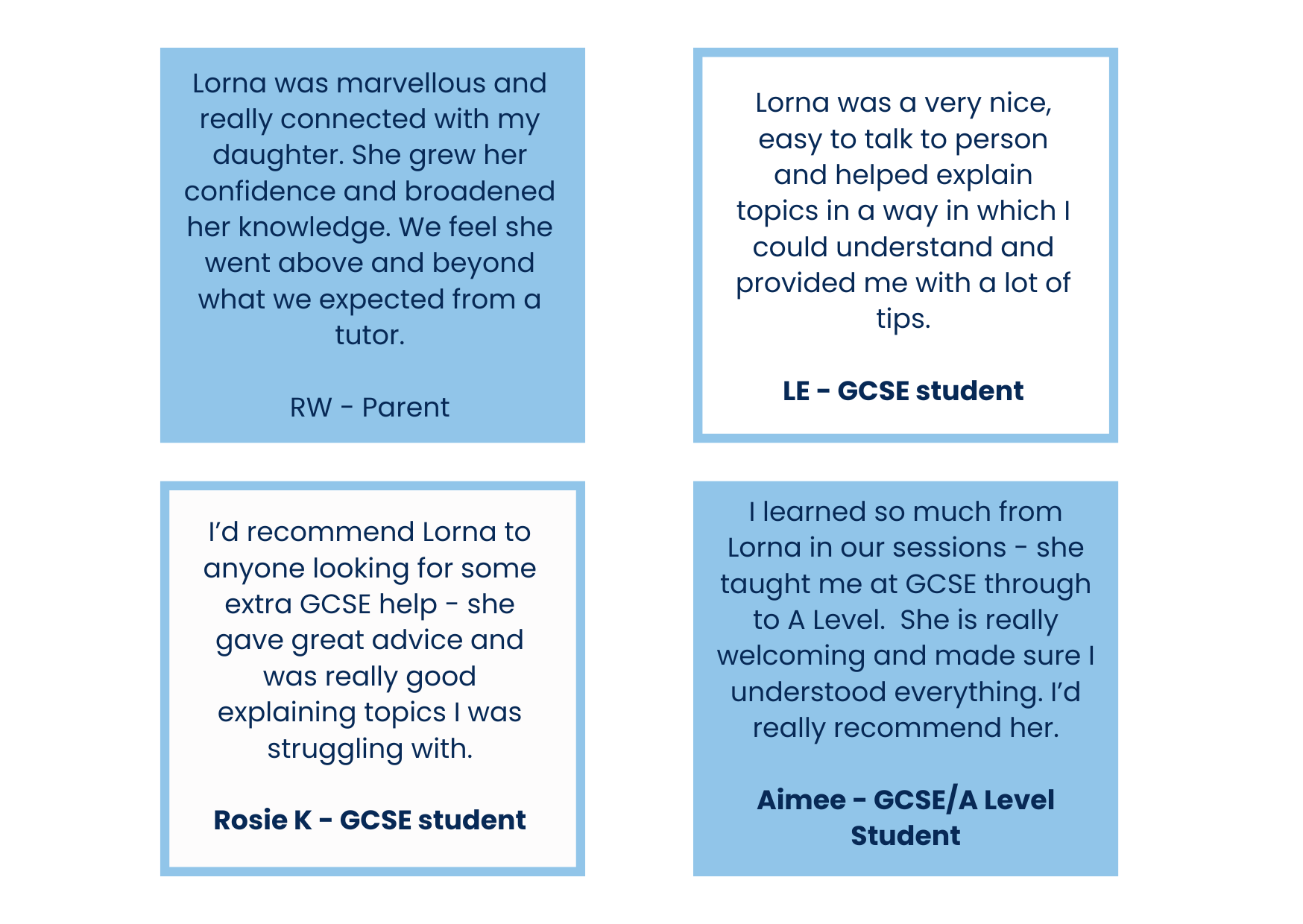 Testimonial quotes from students and parents praising a tutor named Lorna for her helpful and supportive GCSE tutoring, presented in a grid layout with blue and white backgrounds.