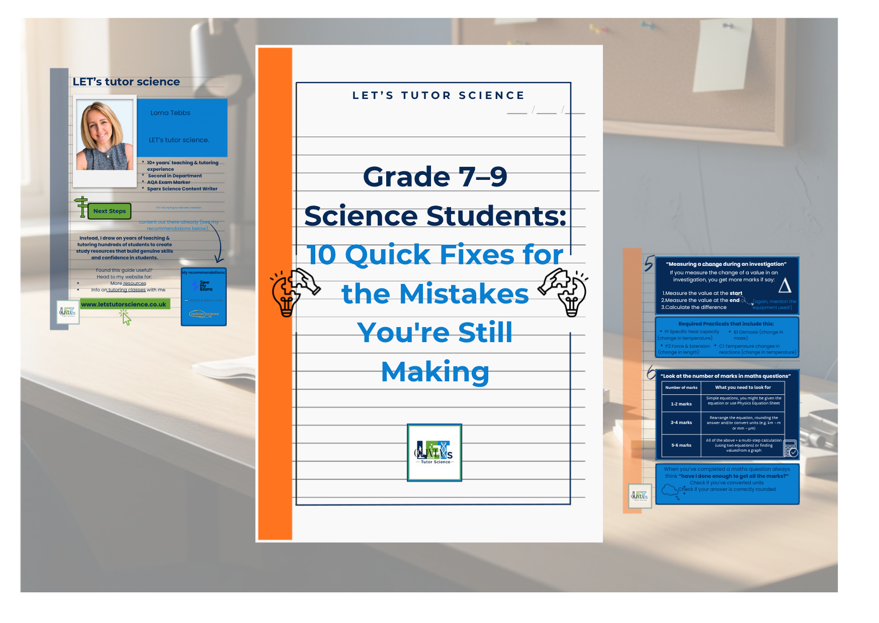 Cover page of a science guide titled '10 Quick Fixes for the Mistakes You're Still Making,' aimed at grade 7-9 science students, featuring graphics and informational panels.